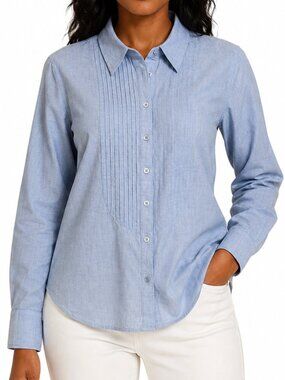 CAbi Light Blue Chambray Button-Front Pleated Pintuck Long Sleeve Blouse